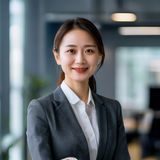 开云官网产品总监李雨桐，清爽职业装，微笑自信，办公室明亮简洁背景，产品经理气质