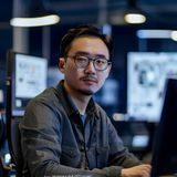 开云官网技术架构师王志豪，戴眼镜专注神情，坐在多屏工作站前，展示技术专家形象