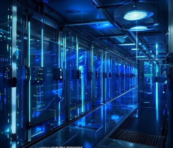 开云官网数据安全中心，专业技术工程师在蓝光机房内检查服务器安全状态，画面科技感强、冷色调专业氛围